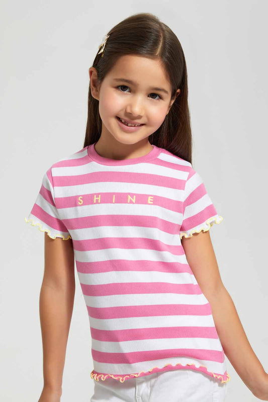 Redtag-Pink-Abd-White-Striped-T-Shirt-Category:T-Shirts,-Colour:Pink,-Colour:White,-Deals:Sale,-Filter:Girls-(2-to-8-Yrs),-Girls-T-Shirts,-S22C,-Sale-GIR-APL,-Section:Girls-(0-to-14Yrs),-VLM-Girls-2 to 8 Years