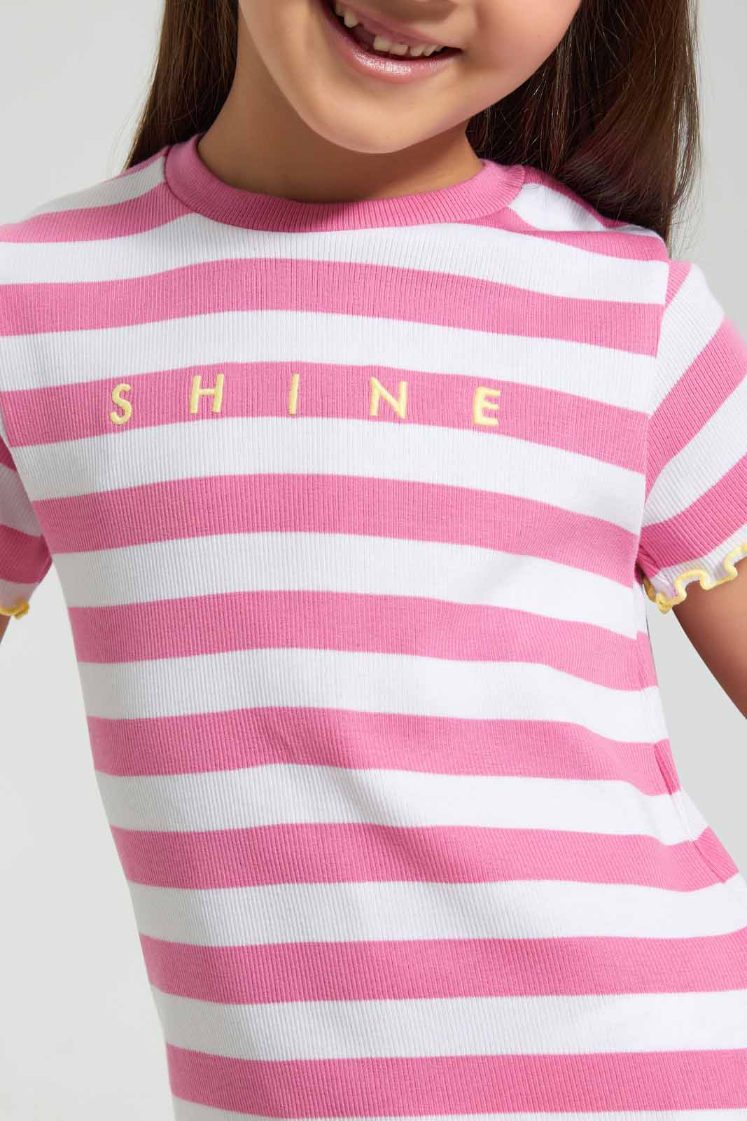 Redtag-Pink-Abd-White-Striped-T-Shirt-Category:T-Shirts,-Colour:Pink,-Colour:White,-Deals:Sale,-Filter:Girls-(2-to-8-Yrs),-Girls-T-Shirts,-S22C,-Sale-GIR-APL,-Section:Girls-(0-to-14Yrs),-VLM-Girls-2 to 8 Years