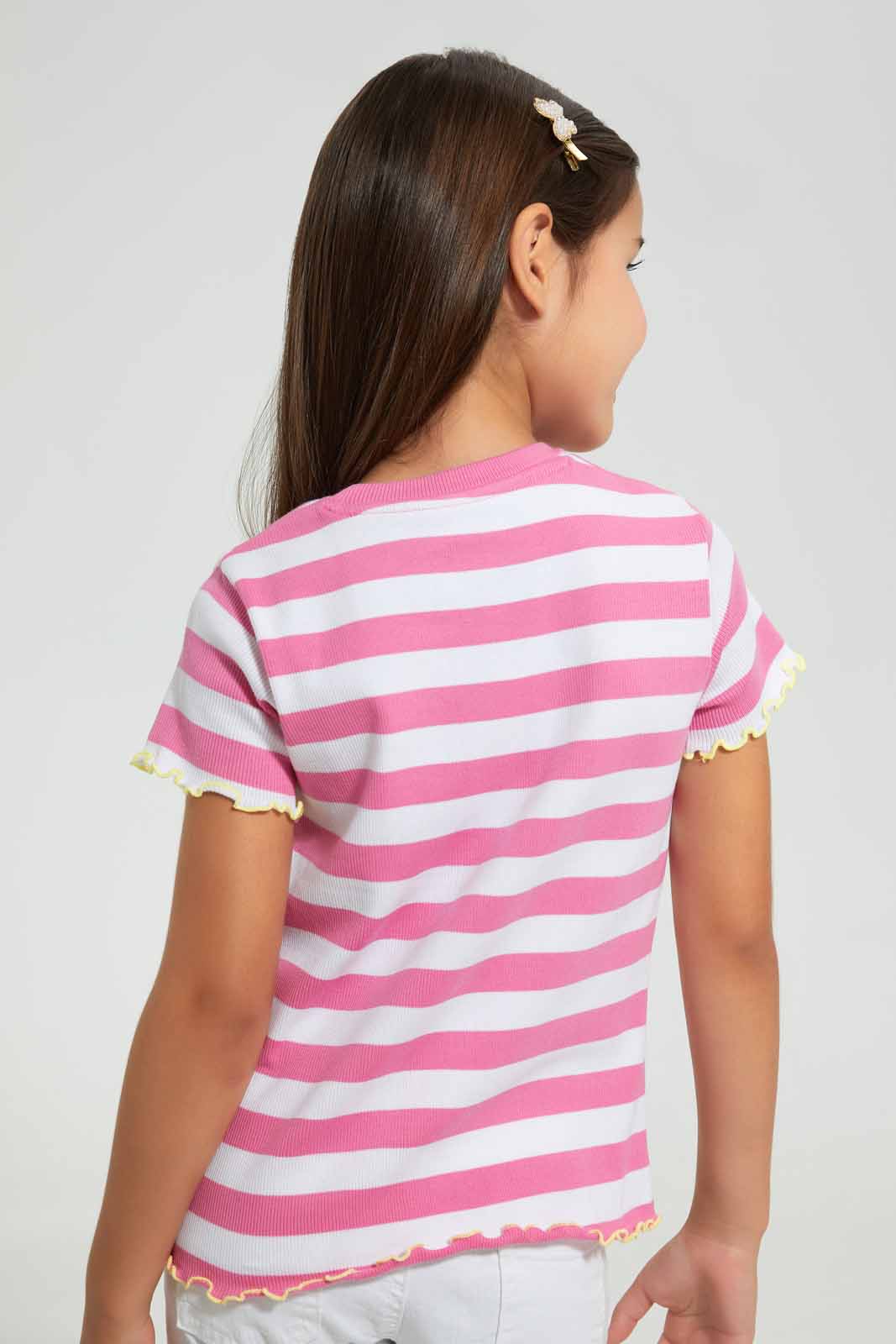 Redtag-Pink-Abd-White-Striped-T-Shirt-Category:T-Shirts,-Colour:Pink,-Colour:White,-Deals:Sale,-Filter:Girls-(2-to-8-Yrs),-Girls-T-Shirts,-S22C,-Sale-GIR-APL,-Section:Girls-(0-to-14Yrs),-VLM-Girls-2 to 8 Years