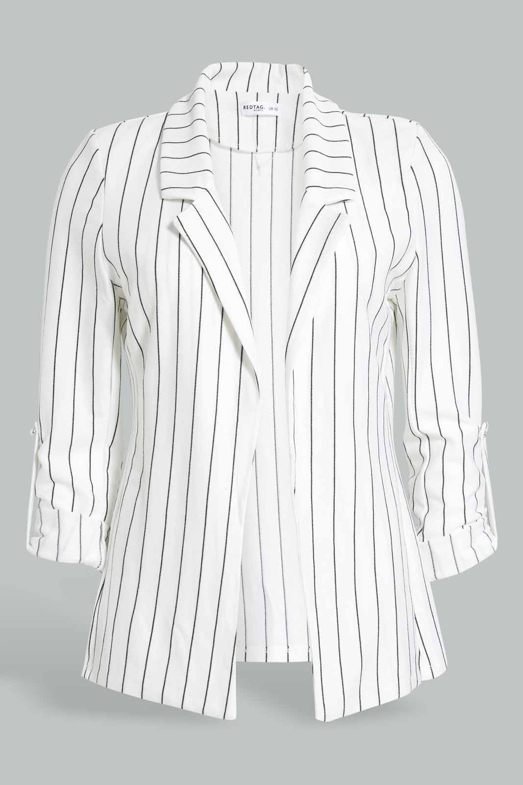 Redtag-White-Stripe-Rolled-Up-Sleeve-Jacket-Category:Jackets,-Colour:White,-Filter:Women's-Clothing,-New-In,-New-In-Women,-Non-Sale,-S22C,-Section:Women,-Women-Jackets-Women's-