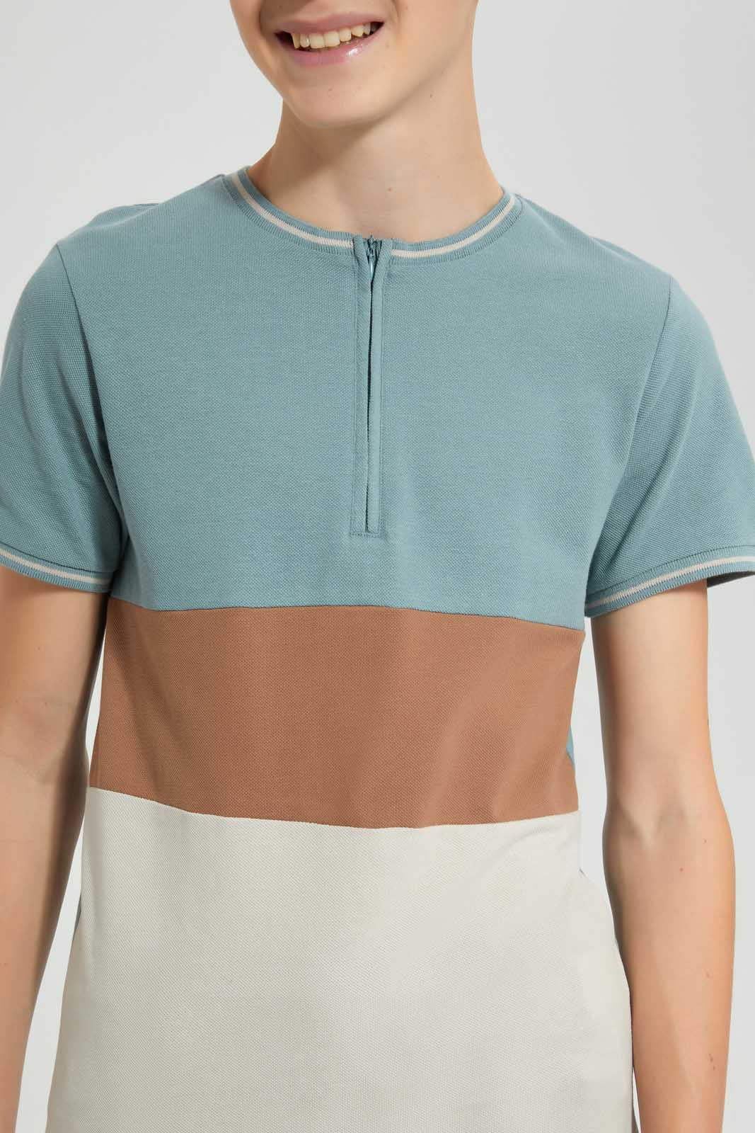 Redtag-Blue-Color-Block-Zip-Placket-Tee-Striped-T-Shirts-Senior-Boys-9 to 14 Years