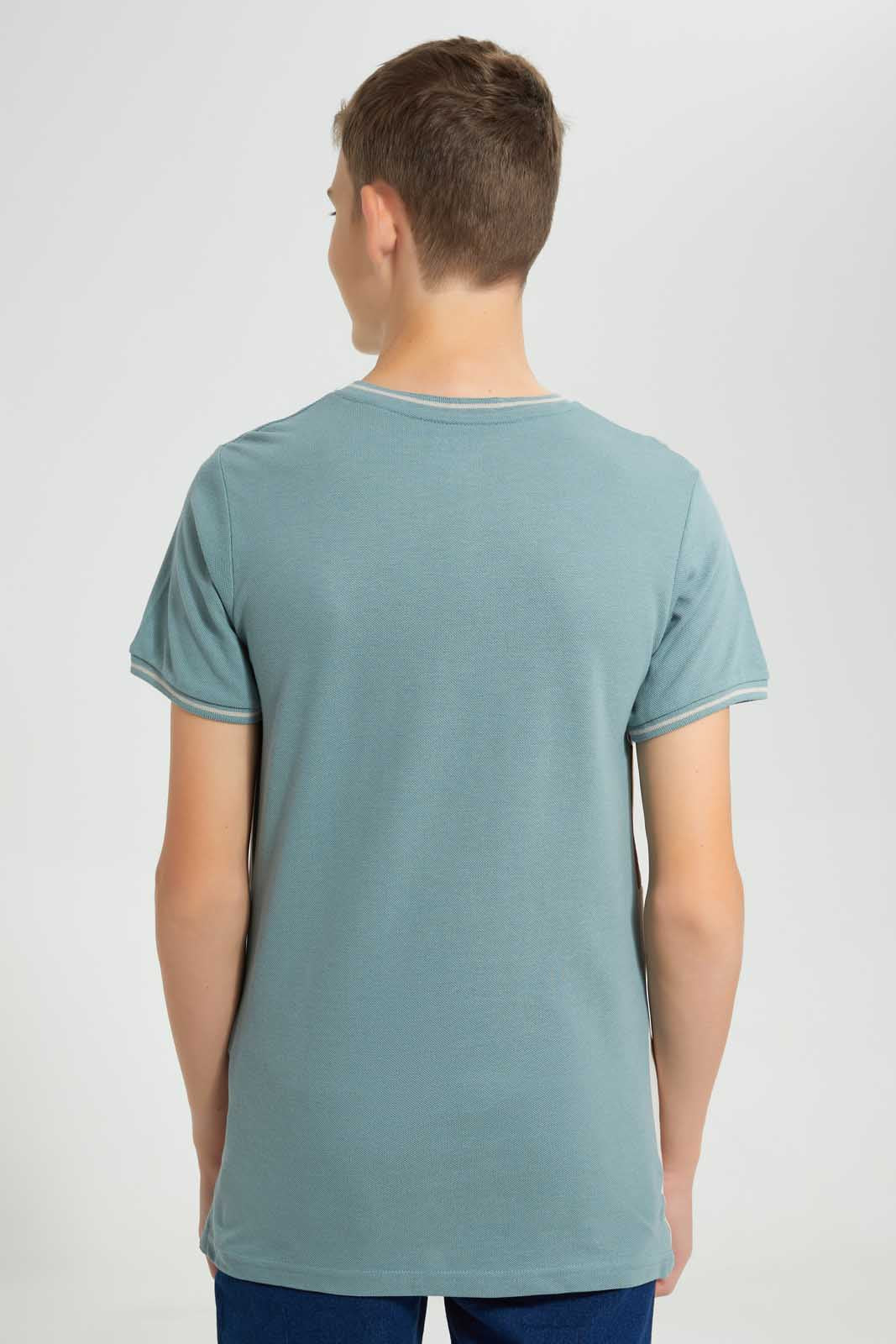 Redtag-Blue-Color-Block-Zip-Placket-Tee-Striped-T-Shirts-Senior-Boys-9 to 14 Years