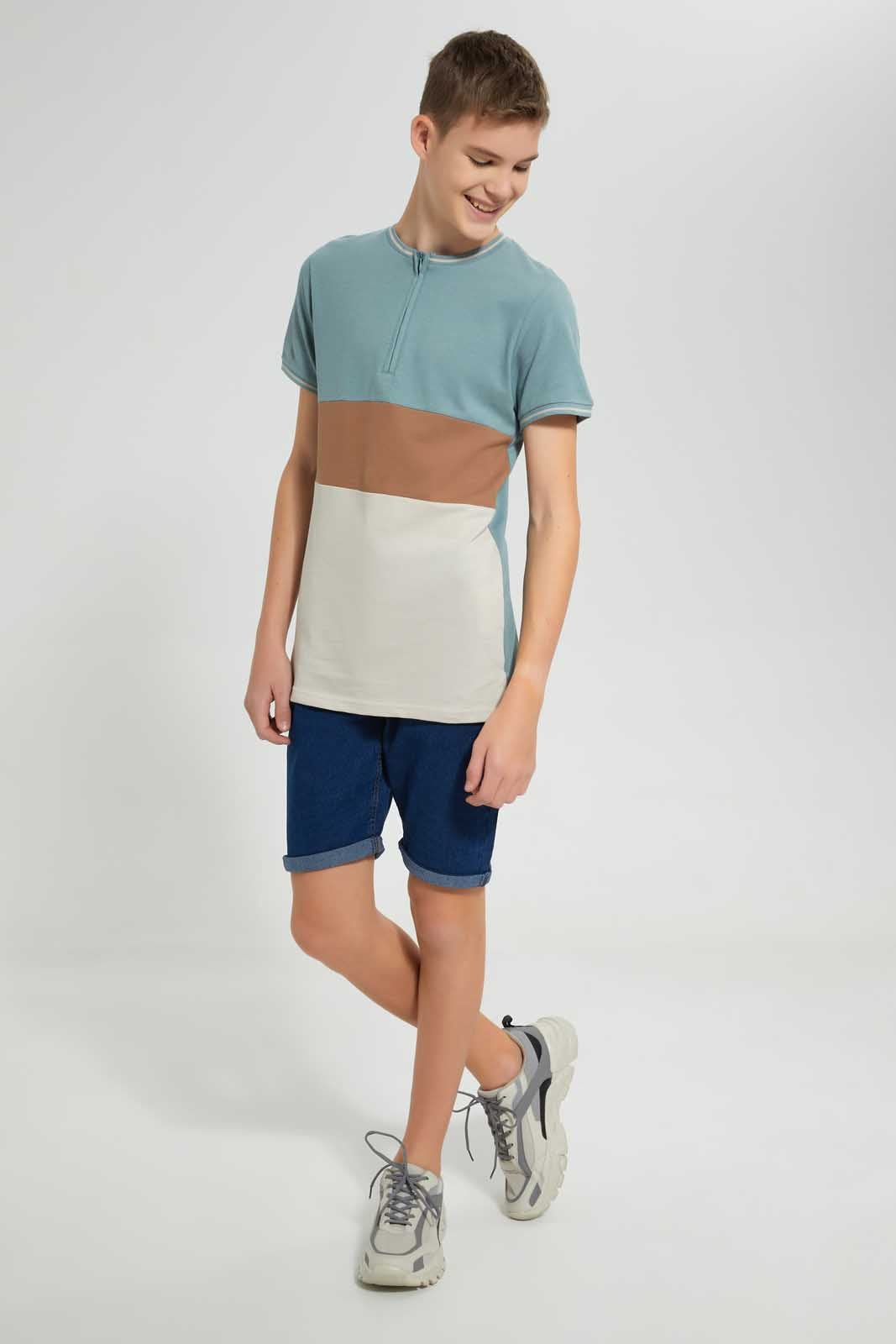 Redtag-Blue-Color-Block-Zip-Placket-Tee-Striped-T-Shirts-Senior-Boys-9 to 14 Years
