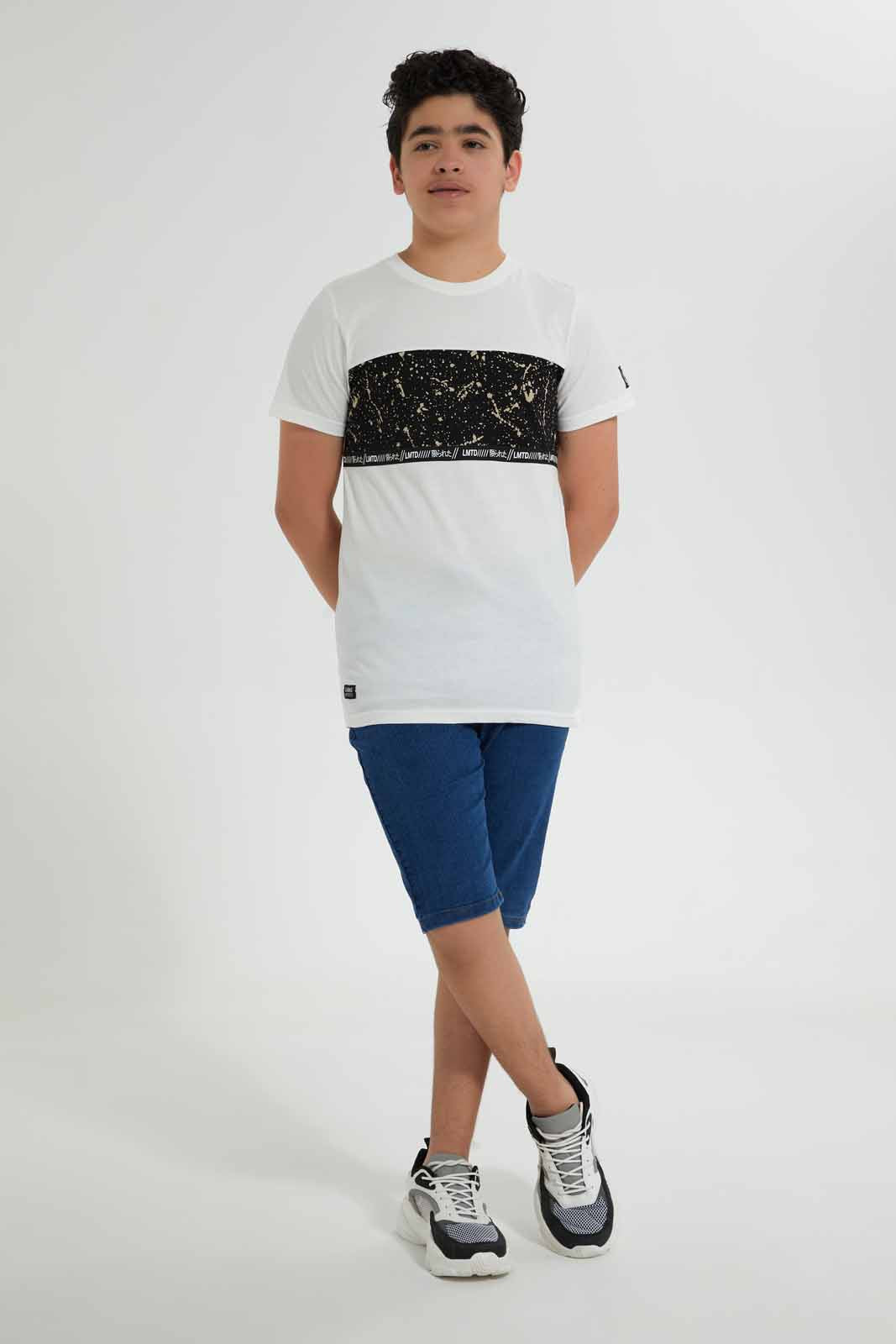 Redtag-Off-White-Marble-Cut-&-Sew-Tee-Graphic-T-Shirts-Senior-Boys-9 to 14 Years