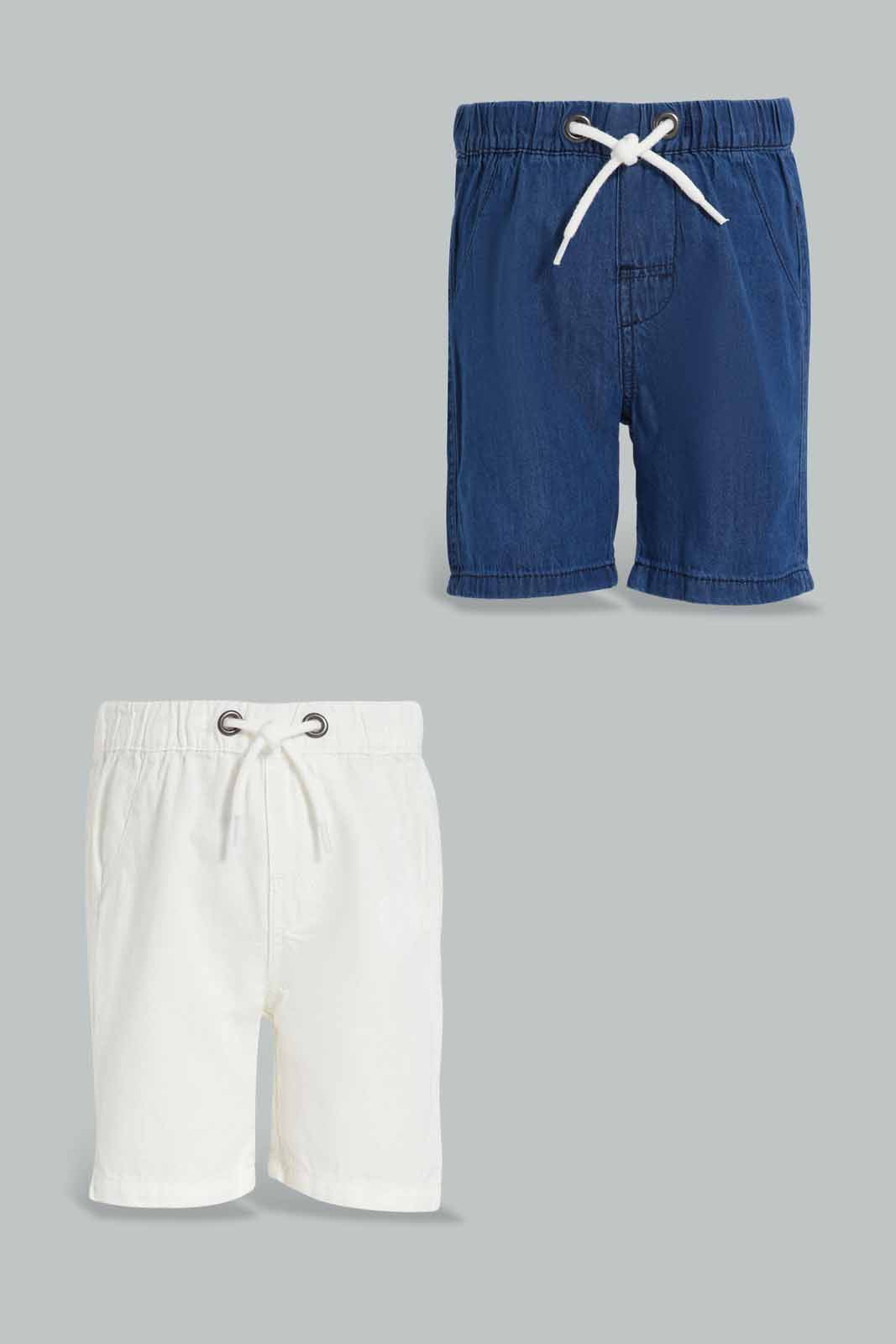 Redtag-Blue-And-White-Chambrey-Trouser-Shorts(2-Pack)-Category:Shorts,-Colour:White,-Deals:New-In,-Filter:Infant-Boys-(3-to-24-Mths),-INB-Shorts,-New-In-INB-APL,-Non-Sale,-S22D,-Section:Boys-(0-to-14Yrs)-Infant-Boys-