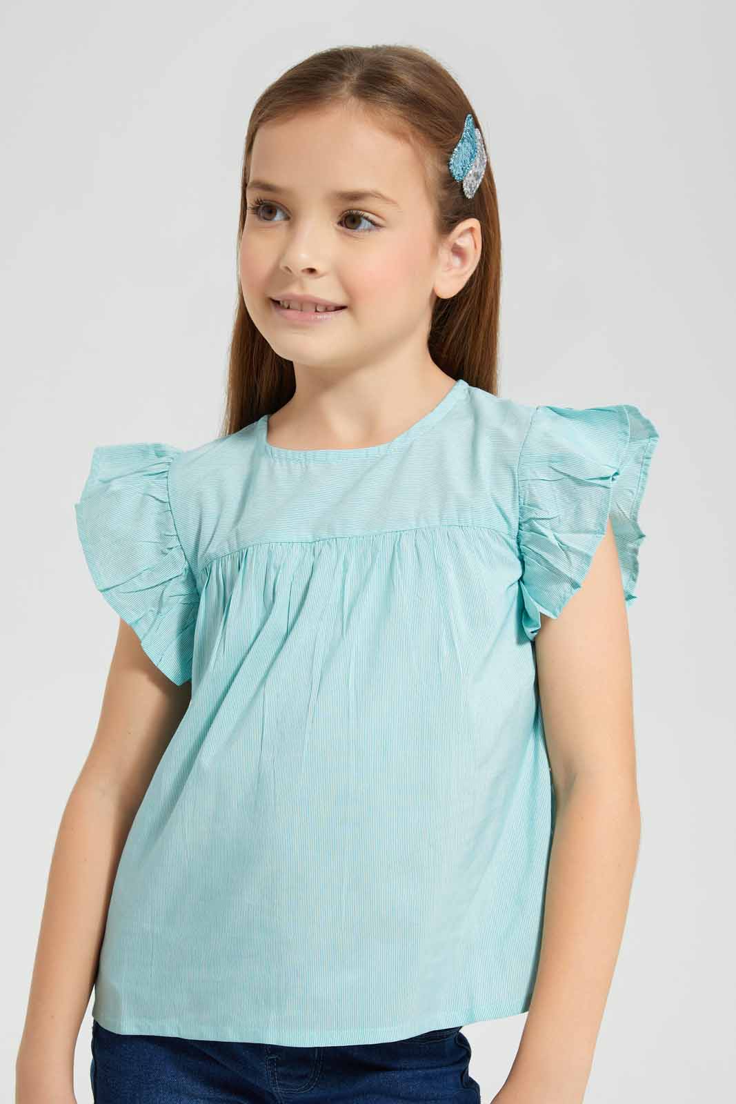 Redtag-Green-Textured-Blouse-Category:Blouses,-Colour:Green,-Deals:New-In,-Filter:Girls-(2-to-8-Yrs),-GIR-Blouses,-New-In-GIR-APL,-Non-Sale,-Section:Girls-(0-to-14Yrs),-W22O-Girls-2 to 8 Years