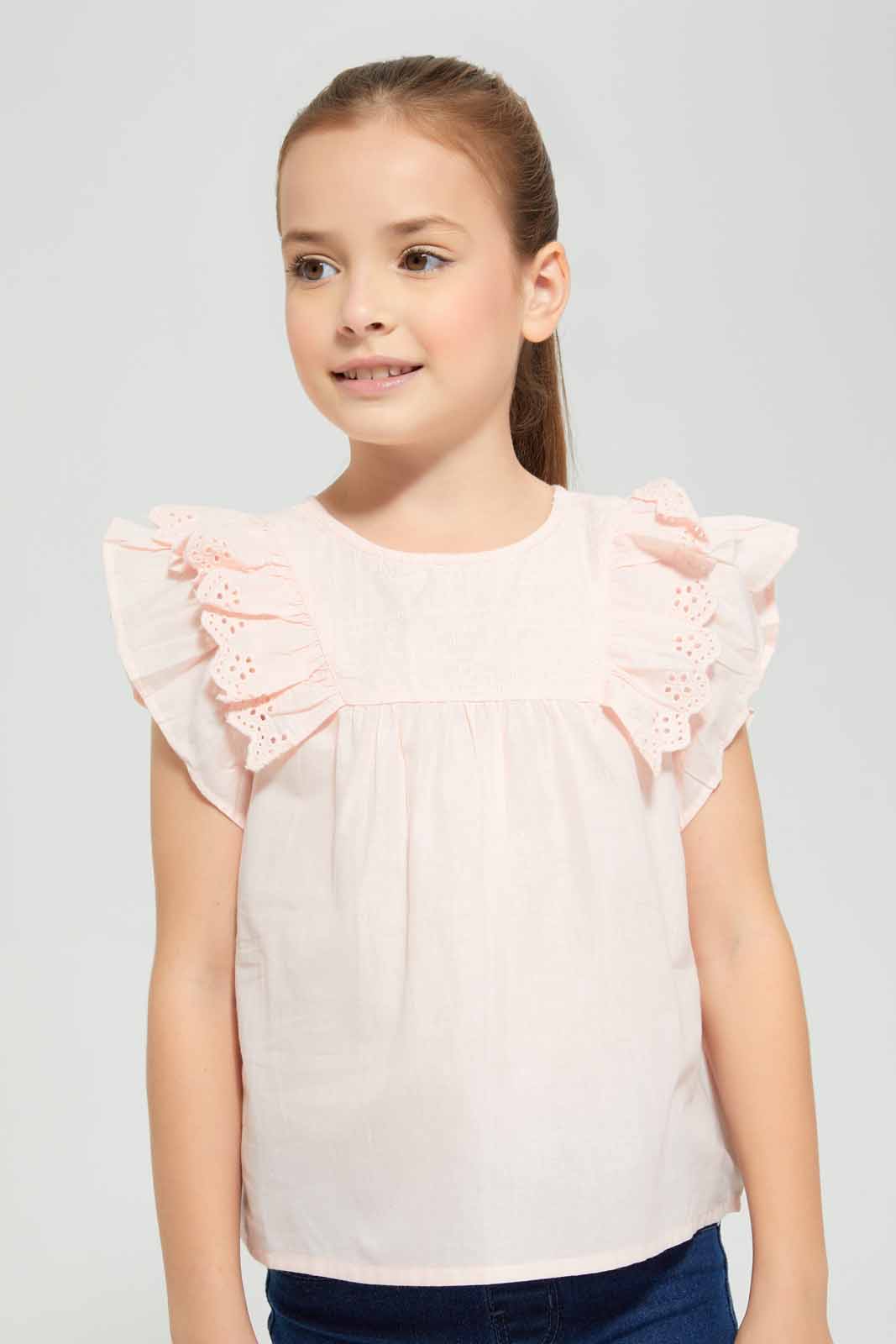 Redtag-Yellow-Frilled-Front-Blouse-Category:Blouses,-Colour:Apricot,-Deals:New-In,-Filter:Girls-(2-to-8-Yrs),-GIR-Blouses,-New-In-GIR-APL,-Non-Sale,-Section:Girls-(0-to-14Yrs),-W22O-Girls-2 to 8 Years