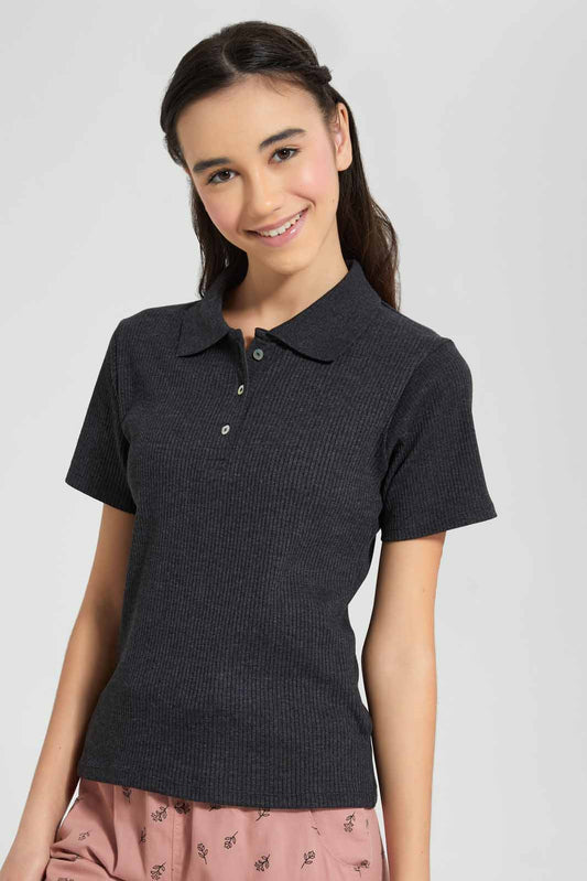 Redtag-Black-Polo-Rib-T-Shirt-Category:Blouses,-Colour:Black,-Filter:Senior-Girls-(9-to-14-Yrs),-GSR-Blouses,-New-In,-New-In-GSR,-Non-Sale,-S22D,-Section:Kidswear,-TBL-Senior-Girls-9 to 14 Years