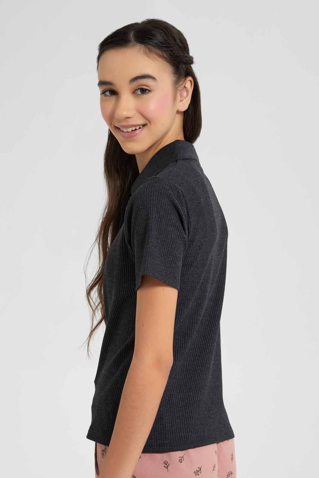 Redtag-Black-Polo-Rib-T-Shirt-Category:Blouses,-Colour:Black,-Filter:Senior-Girls-(9-to-14-Yrs),-GSR-Blouses,-New-In,-New-In-GSR,-Non-Sale,-S22D,-Section:Kidswear,-TBL-Senior-Girls-9 to 14 Years