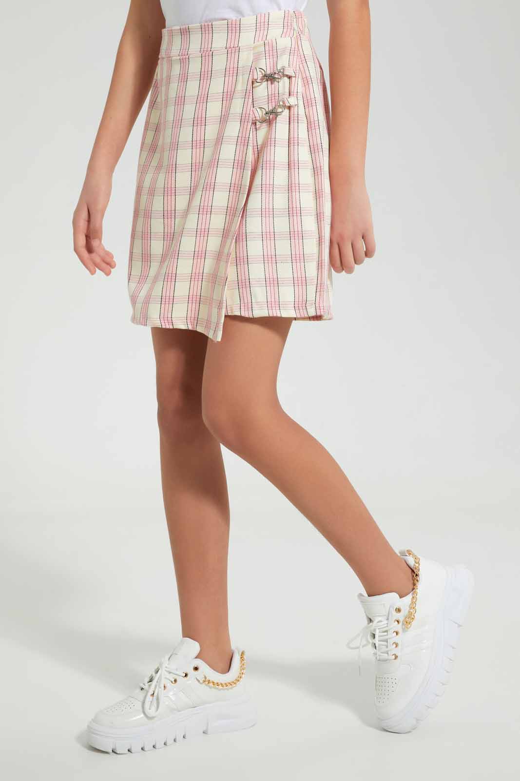 Redtag-White/Pink-Plaid-Front-Wrap-Skirt-Skirts-Senior-Girls-9 to 14 Years