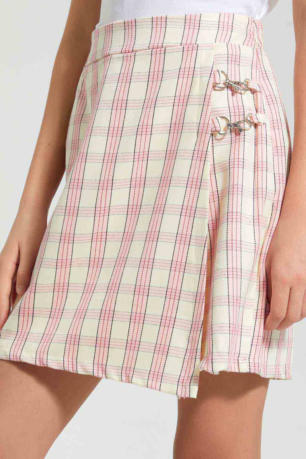 Redtag-White/Pink-Plaid-Front-Wrap-Skirt-Skirts-Senior-Girls-9 to 14 Years