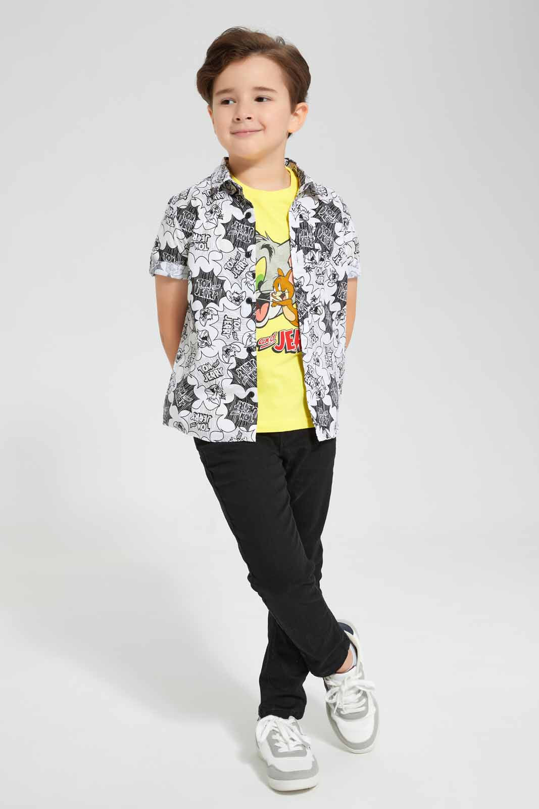 Redtag-Black-Tom-And-Jerry-Shirt-And-T-Shirt-Set-BOY-Shirts,-Category:Shirts,-CHR,-Colour:Black,-Deals:New-In,-Filter:Boys-(2-to-8-Yrs),-New-In-BOY-APL,-Non-Sale,-S22D,-Section:Boys-(0-to-14Yrs)-Boys-2 to 8 Years