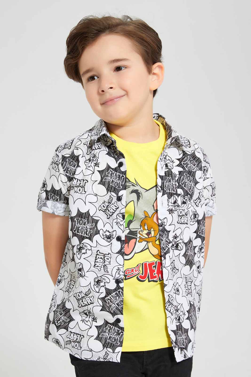 Redtag-Black-Tom-And-Jerry-Shirt-And-T-Shirt-Set-BOY-Shirts,-Category:Shirts,-CHR,-Colour:Black,-Deals:New-In,-Filter:Boys-(2-to-8-Yrs),-New-In-BOY-APL,-Non-Sale,-S22D,-Section:Boys-(0-to-14Yrs)-Boys-2 to 8 Years