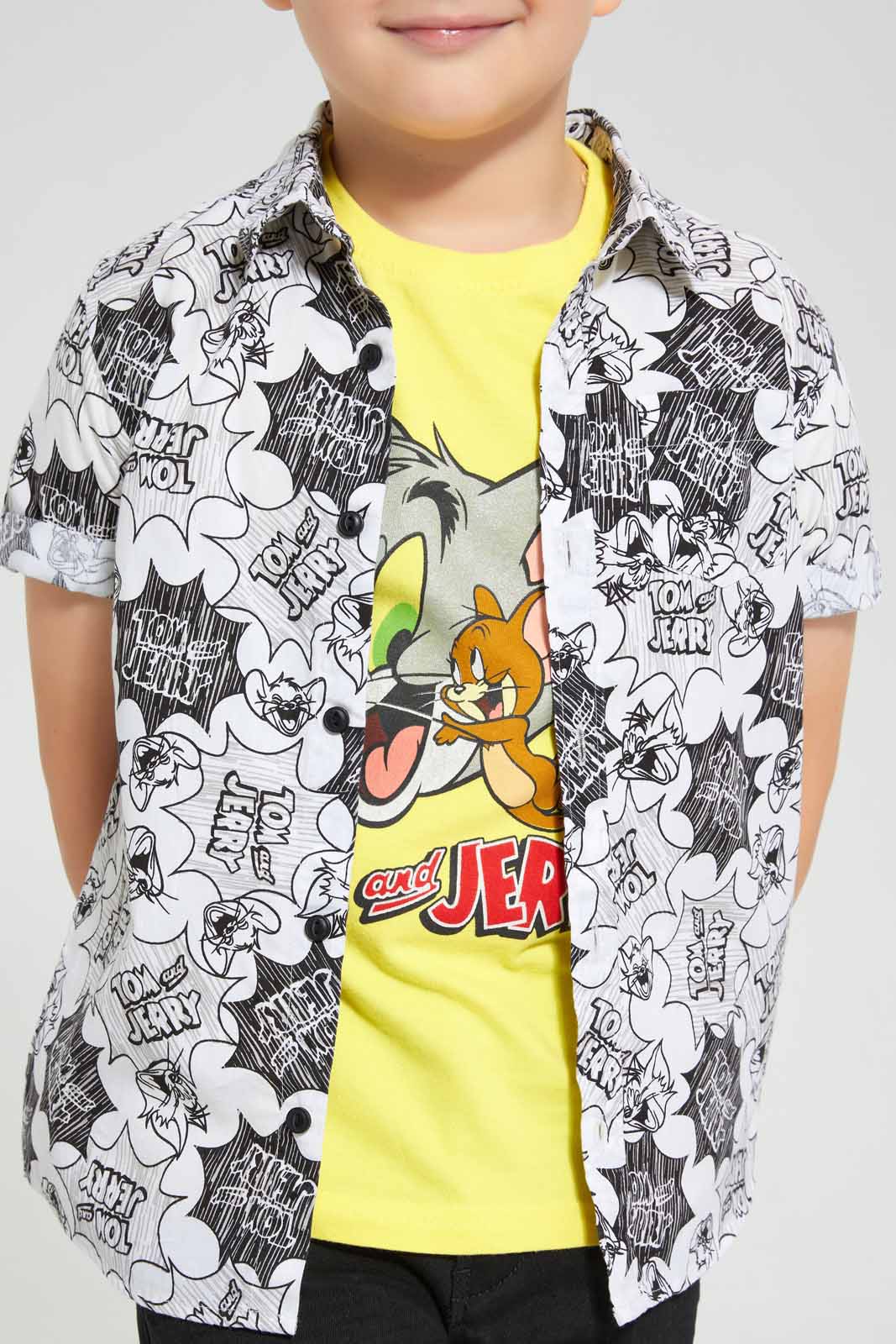 Redtag-Black-Tom-And-Jerry-Shirt-And-T-Shirt-Set-BOY-Shirts,-Category:Shirts,-CHR,-Colour:Black,-Deals:New-In,-Filter:Boys-(2-to-8-Yrs),-New-In-BOY-APL,-Non-Sale,-S22D,-Section:Boys-(0-to-14Yrs)-Boys-2 to 8 Years