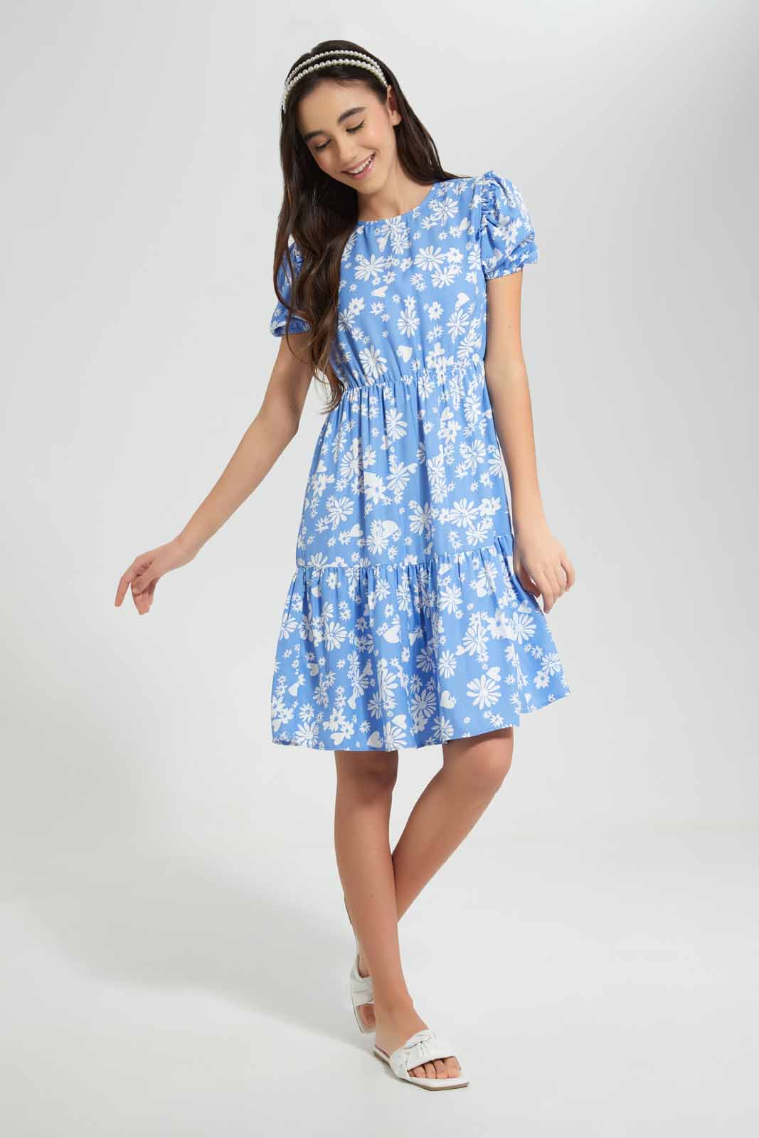 Redtag-Blue-Floral-Tiered-Dress-Category:Dresses,-Colour:Assorted,-Deals:New-In,-Filter:Senior-Girls-(8-to-14-Yrs),-GSR-Dresses,-New-In-GSR,-Non-Sale,-S22D,-Section:Kidswear-Senior-Girls-9 to 14 Years