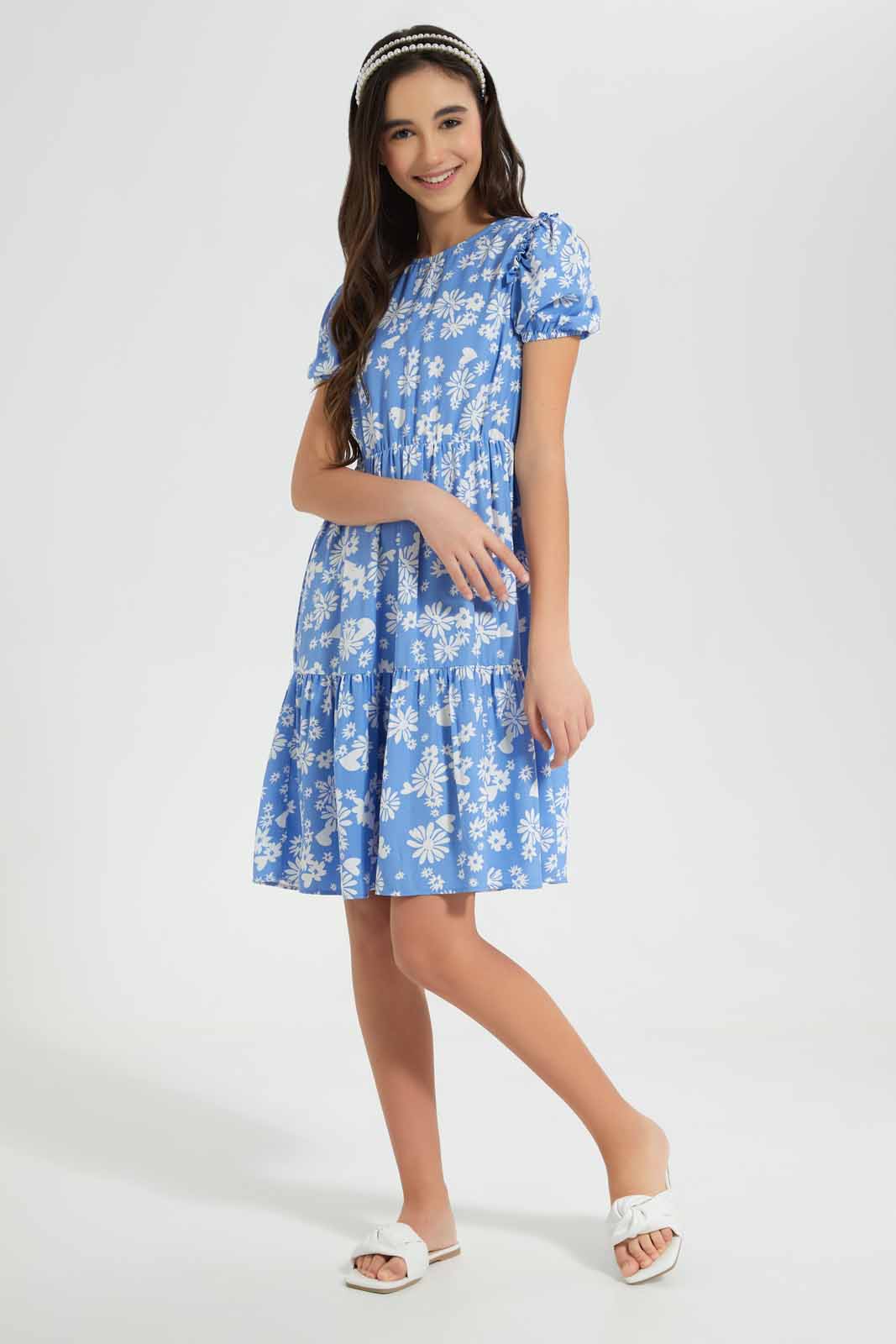 Redtag-Blue-Floral-Tiered-Dress-Category:Dresses,-Colour:Assorted,-Deals:New-In,-Filter:Senior-Girls-(8-to-14-Yrs),-GSR-Dresses,-New-In-GSR,-Non-Sale,-S22D,-Section:Kidswear-Senior-Girls-9 to 14 Years