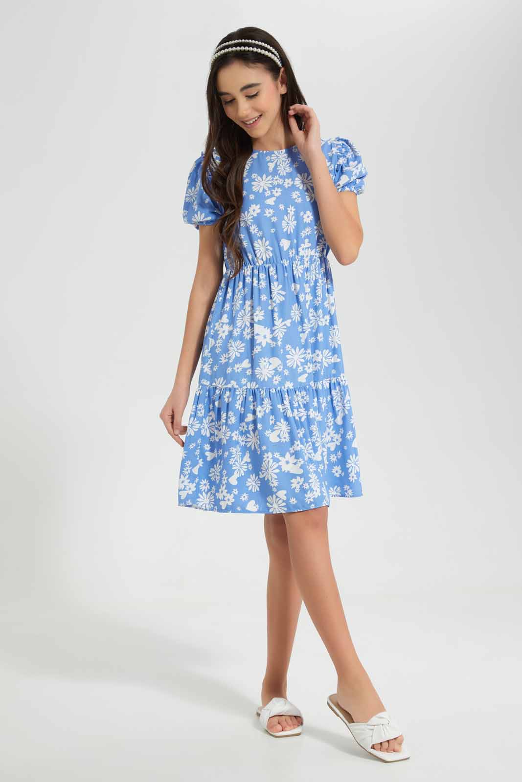 Redtag-Blue-Floral-Tiered-Dress-Category:Dresses,-Colour:Assorted,-Deals:New-In,-Filter:Senior-Girls-(8-to-14-Yrs),-GSR-Dresses,-New-In-GSR,-Non-Sale,-S22D,-Section:Kidswear-Senior-Girls-9 to 14 Years