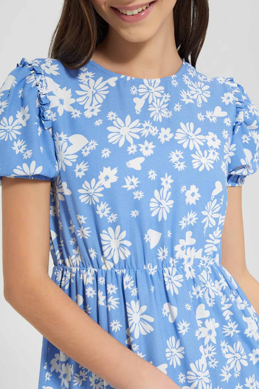 Redtag-Blue-Floral-Tiered-Dress-Category:Dresses,-Colour:Assorted,-Deals:New-In,-Filter:Senior-Girls-(8-to-14-Yrs),-GSR-Dresses,-New-In-GSR,-Non-Sale,-S22D,-Section:Kidswear-Senior-Girls-9 to 14 Years