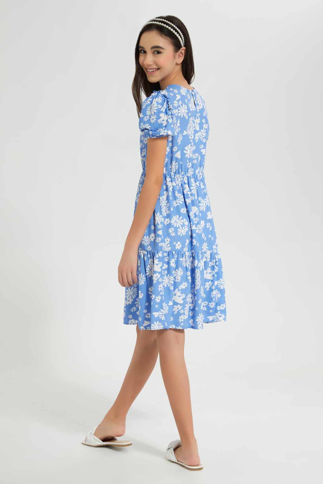 Redtag-Blue-Floral-Tiered-Dress-Category:Dresses,-Colour:Assorted,-Deals:New-In,-Filter:Senior-Girls-(8-to-14-Yrs),-GSR-Dresses,-New-In-GSR,-Non-Sale,-S22D,-Section:Kidswear-Senior-Girls-9 to 14 Years
