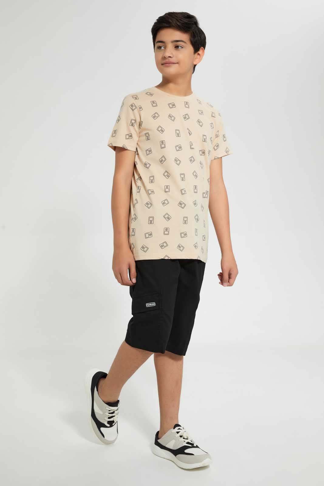 Redtag-Beige-Allover-Print-T-Shirt-Graphic-T-Shirts-Senior-Boys-9 to 14 Years
