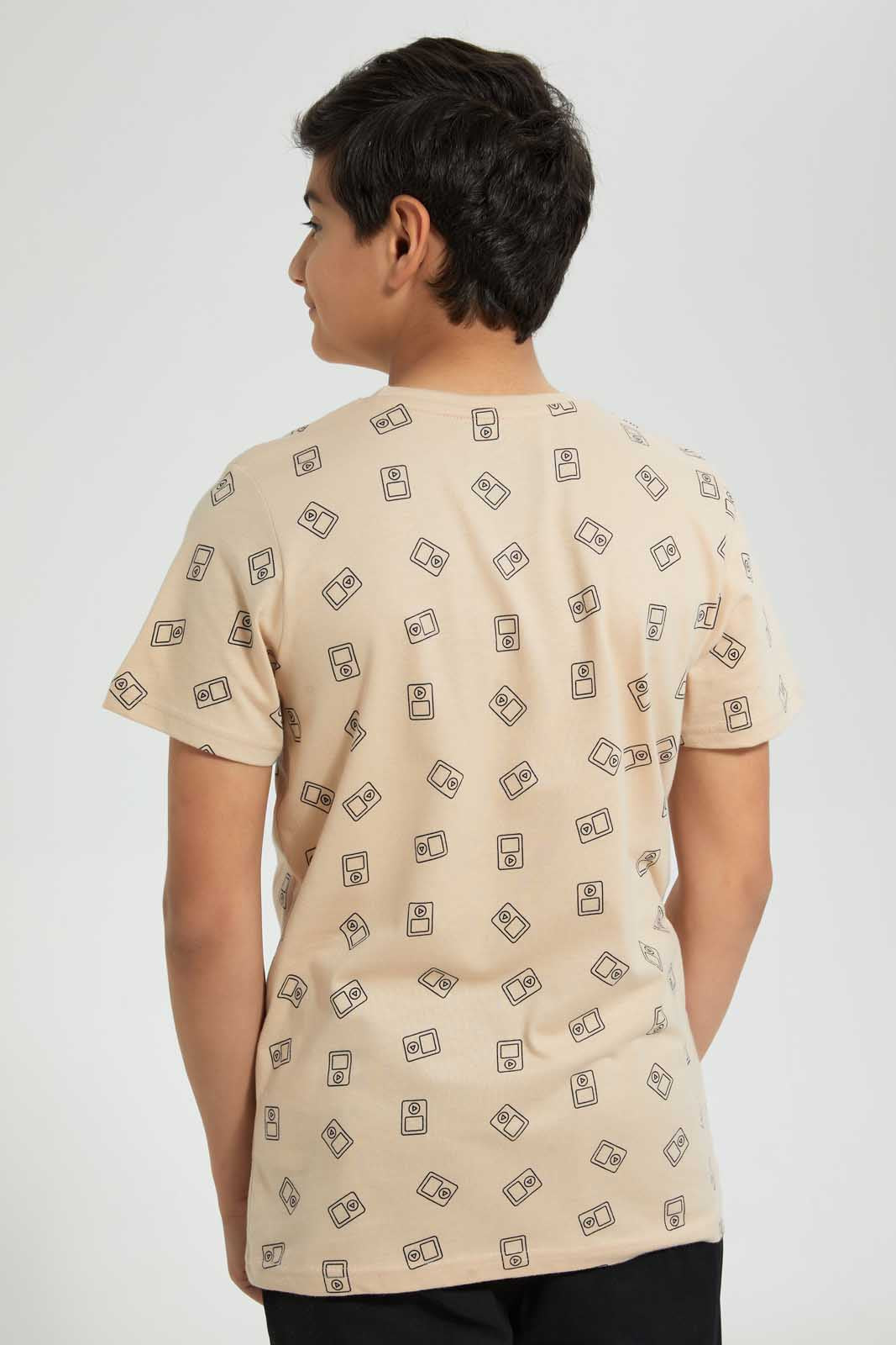 Redtag-Beige-Allover-Print-T-Shirt-Graphic-T-Shirts-Senior-Boys-9 to 14 Years