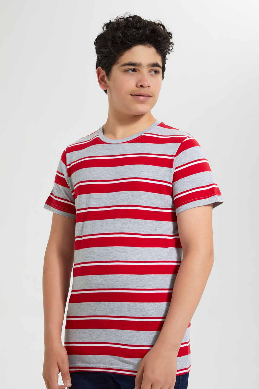 Redtag-Grey-Melange-Striped-T-Shirt-Striped-T-Shirts-Senior-Boys-9 to 14 Years
