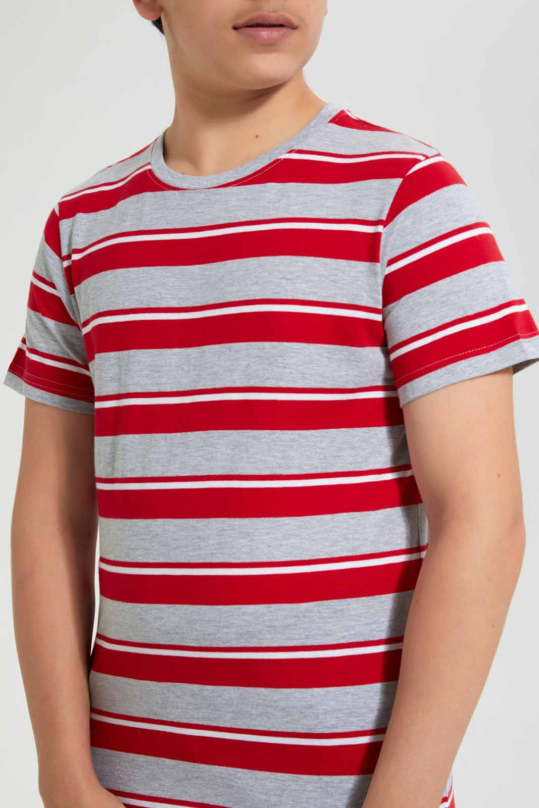 Redtag-Grey-Melange-Striped-T-Shirt-Striped-T-Shirts-Senior-Boys-9 to 14 Years