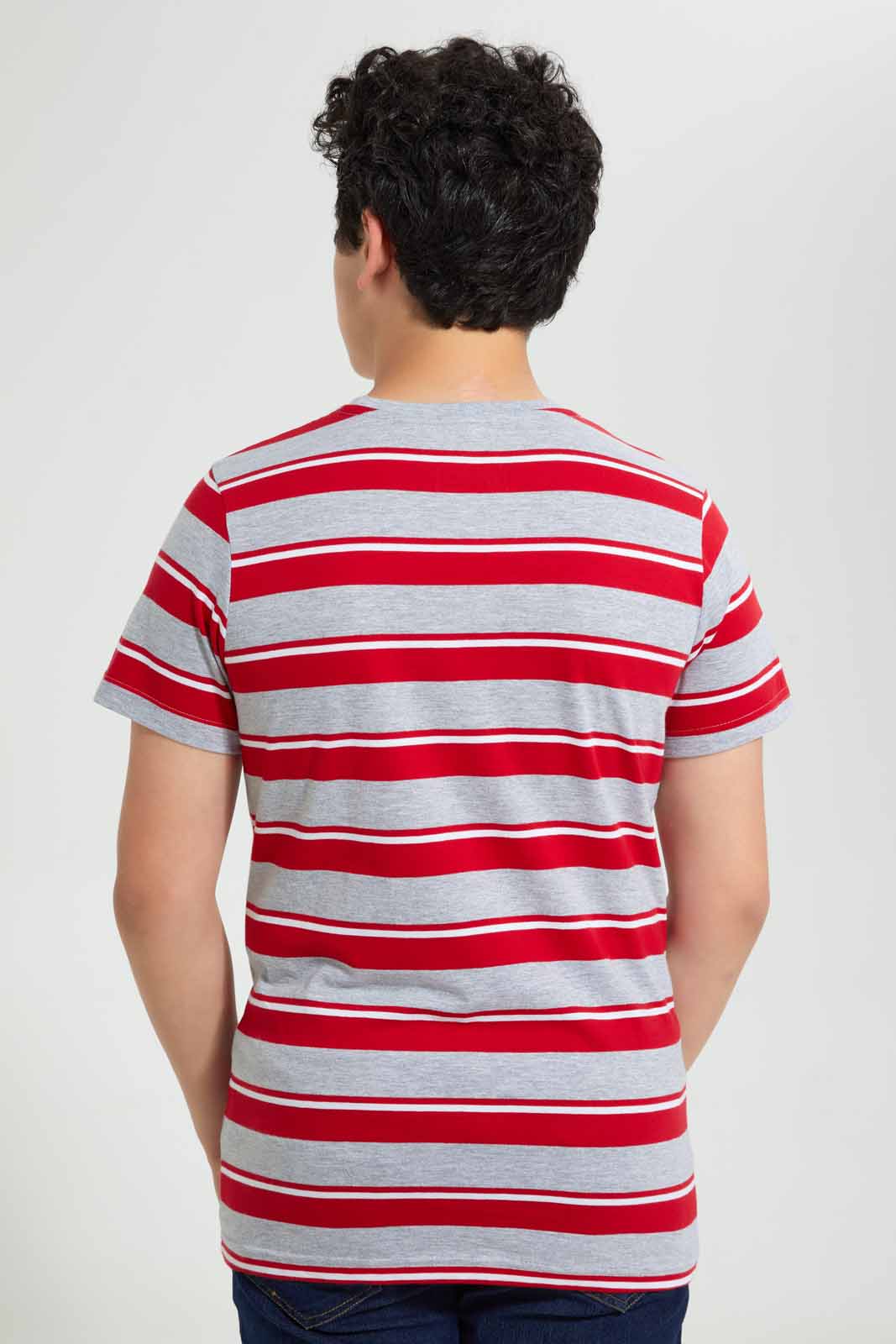 Redtag-Grey-Melange-Striped-T-Shirt-Striped-T-Shirts-Senior-Boys-9 to 14 Years