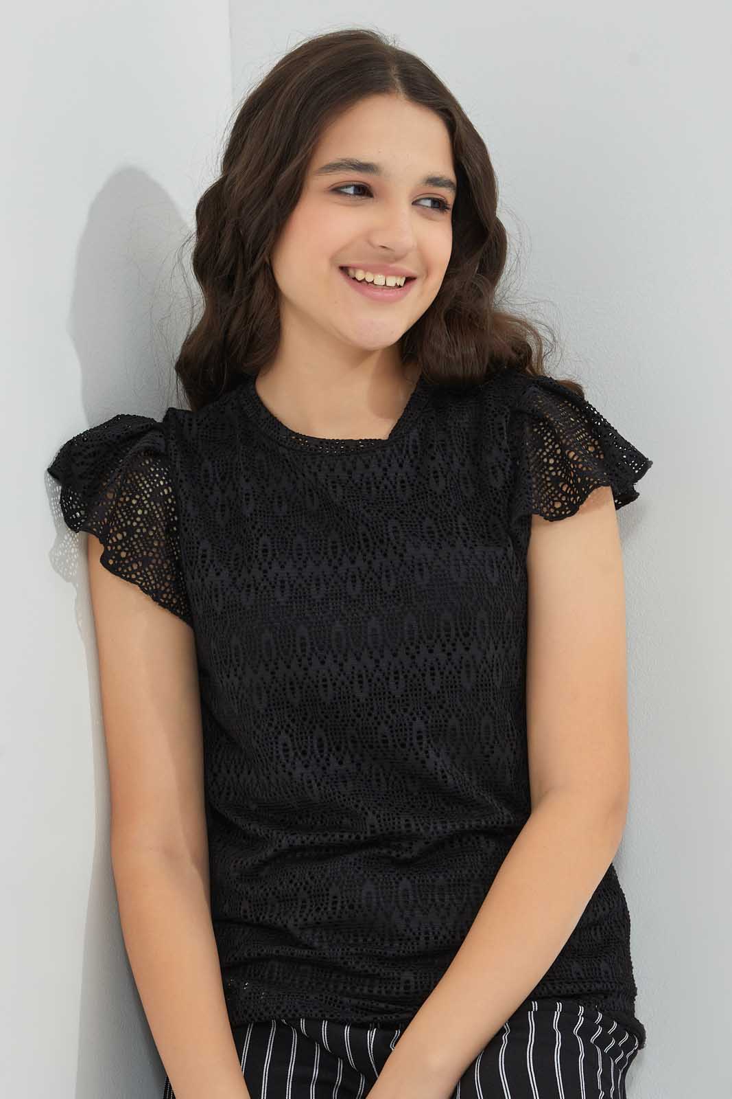 Black Ruffles Sleeve Lace Top