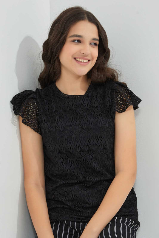 Black Ruffles Sleeve Lace Top