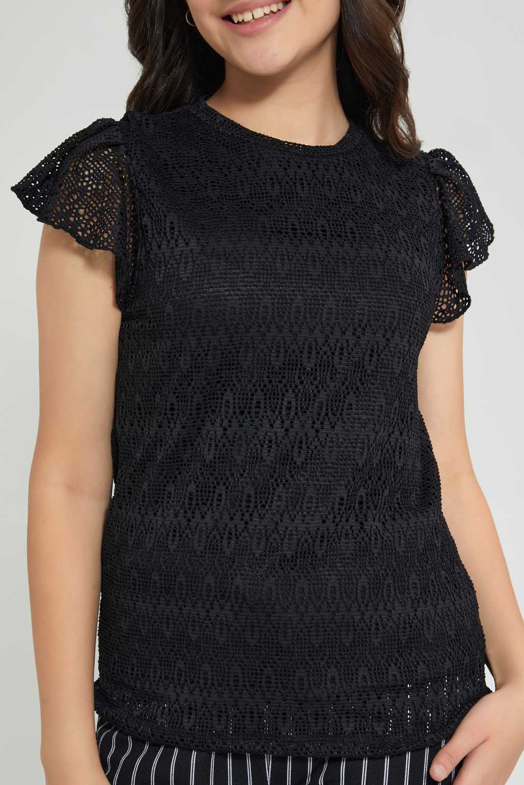 Black Ruffles Sleeve Lace Top