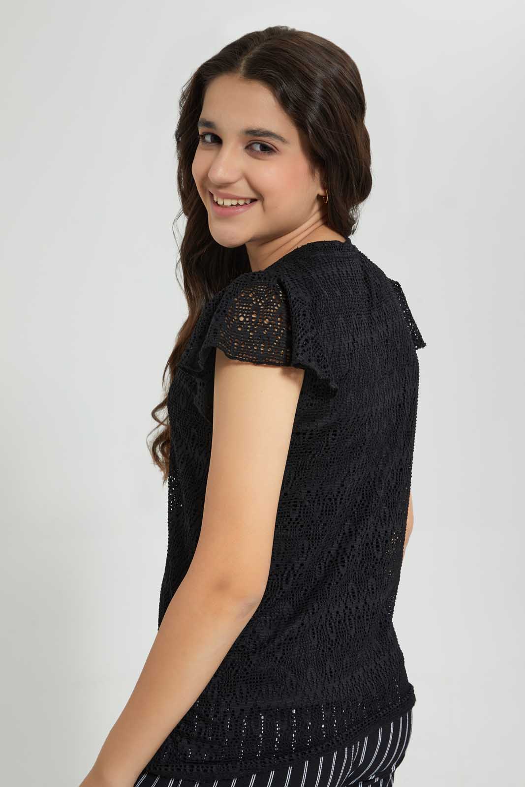 Black Ruffles Sleeve Lace Top