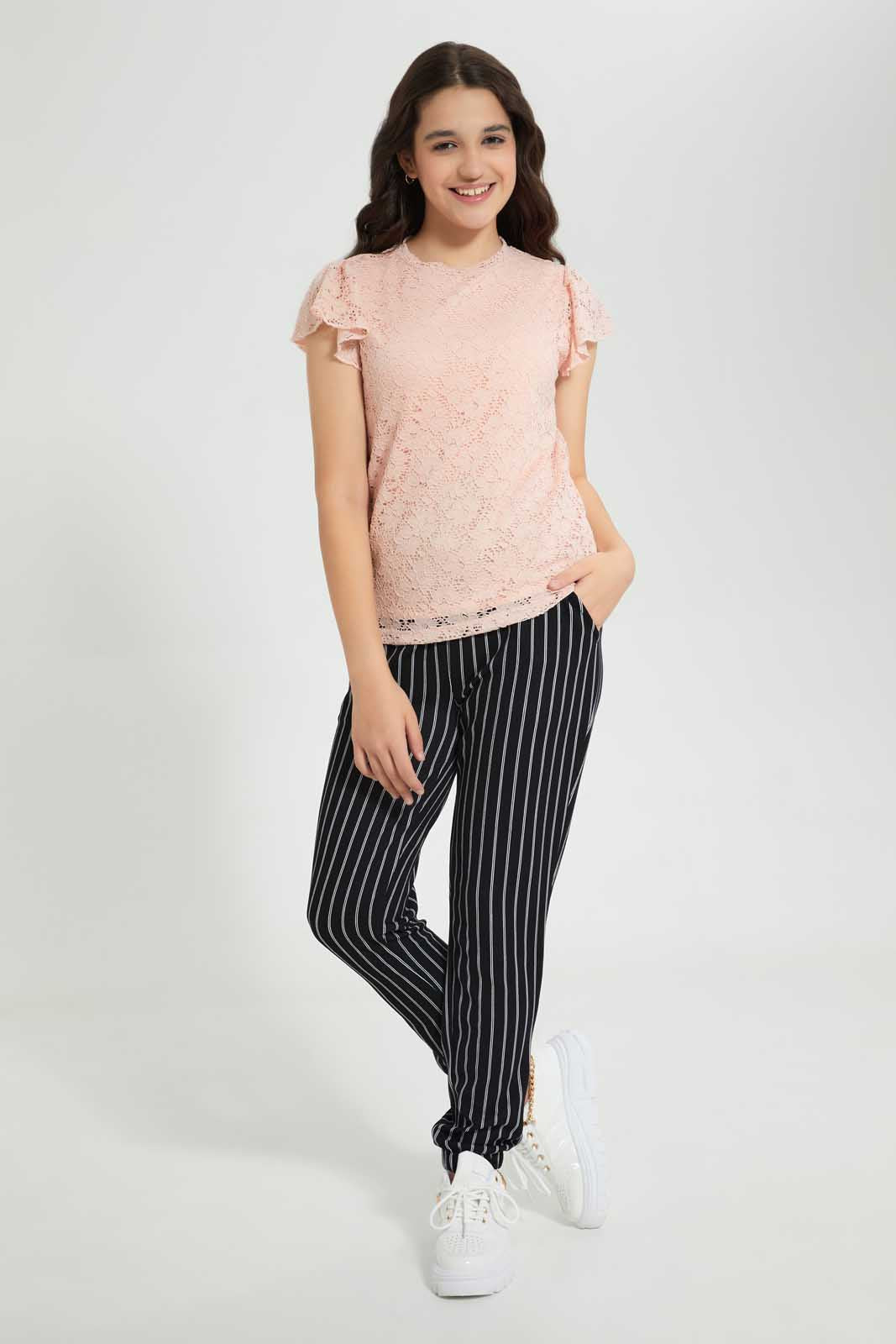 Pink Ruffles Sleeve Lace Top