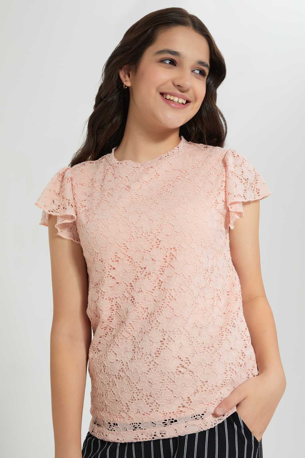 Pink Ruffles Sleeve Lace Top