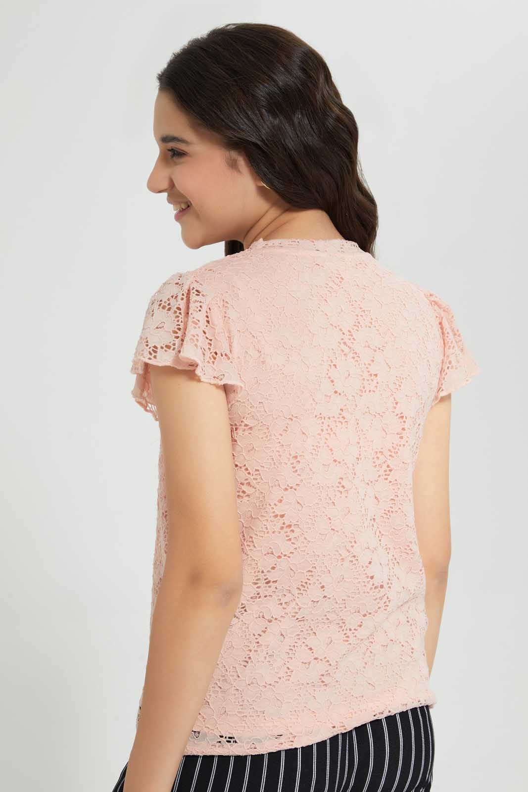Pink Ruffles Sleeve Lace Top