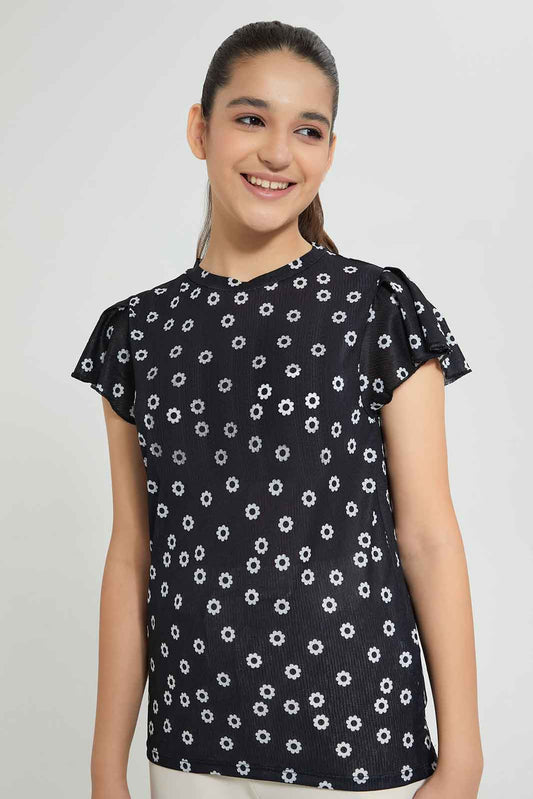Black Floral Ruffle Sleeve T-Shirt