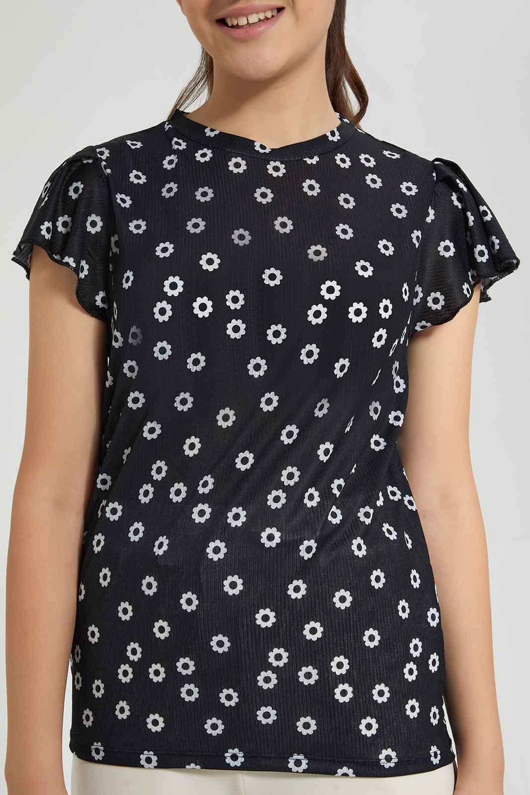 Black Floral Ruffle Sleeve T-Shirt