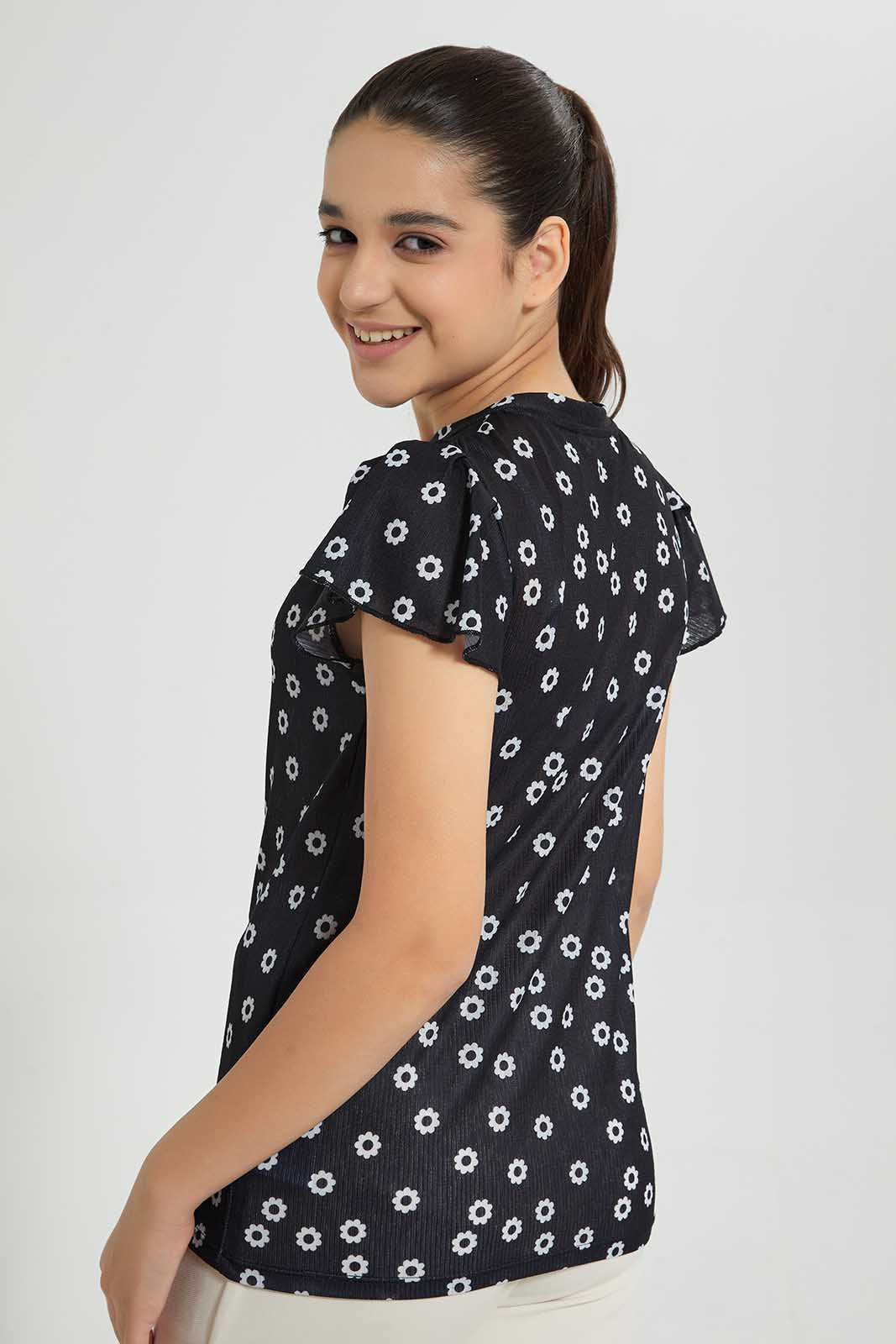 Black Floral Ruffle Sleeve T-Shirt