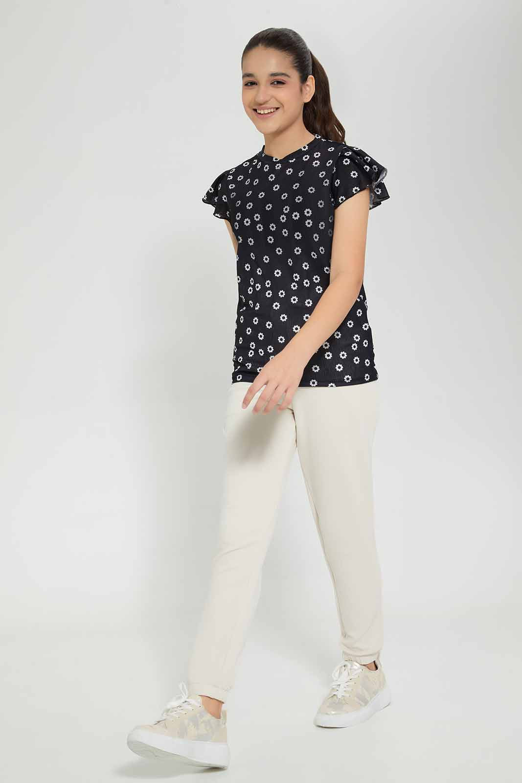 Black Floral Ruffle Sleeve T-Shirt