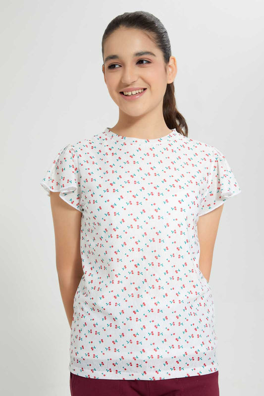 Redtag-White-Cherry-Print-Top-Graphic-T-Shirts-Senior-Girls-9 to 14 Years