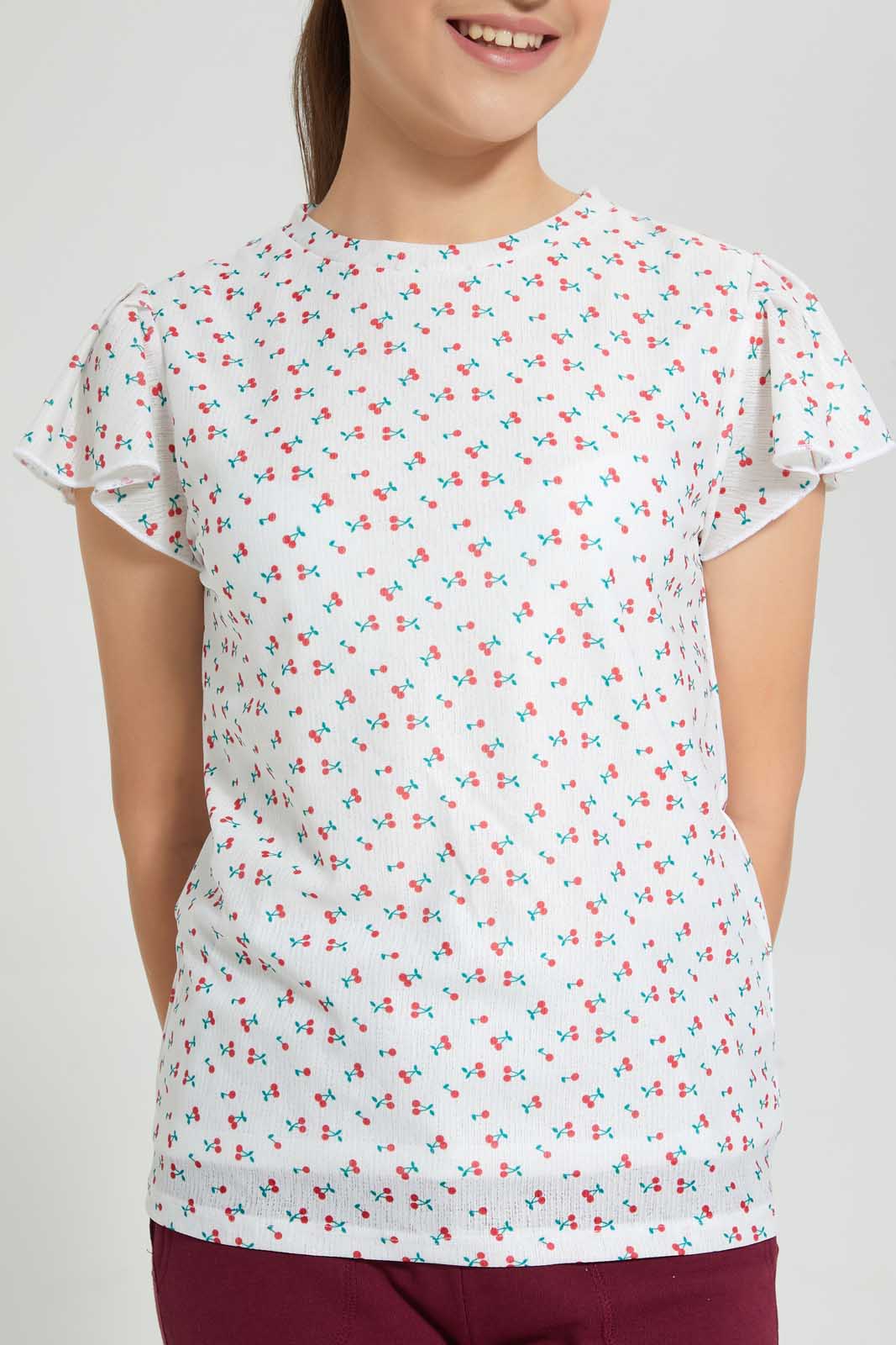 Redtag-White-Cherry-Print-Top-Graphic-T-Shirts-Senior-Girls-9 to 14 Years