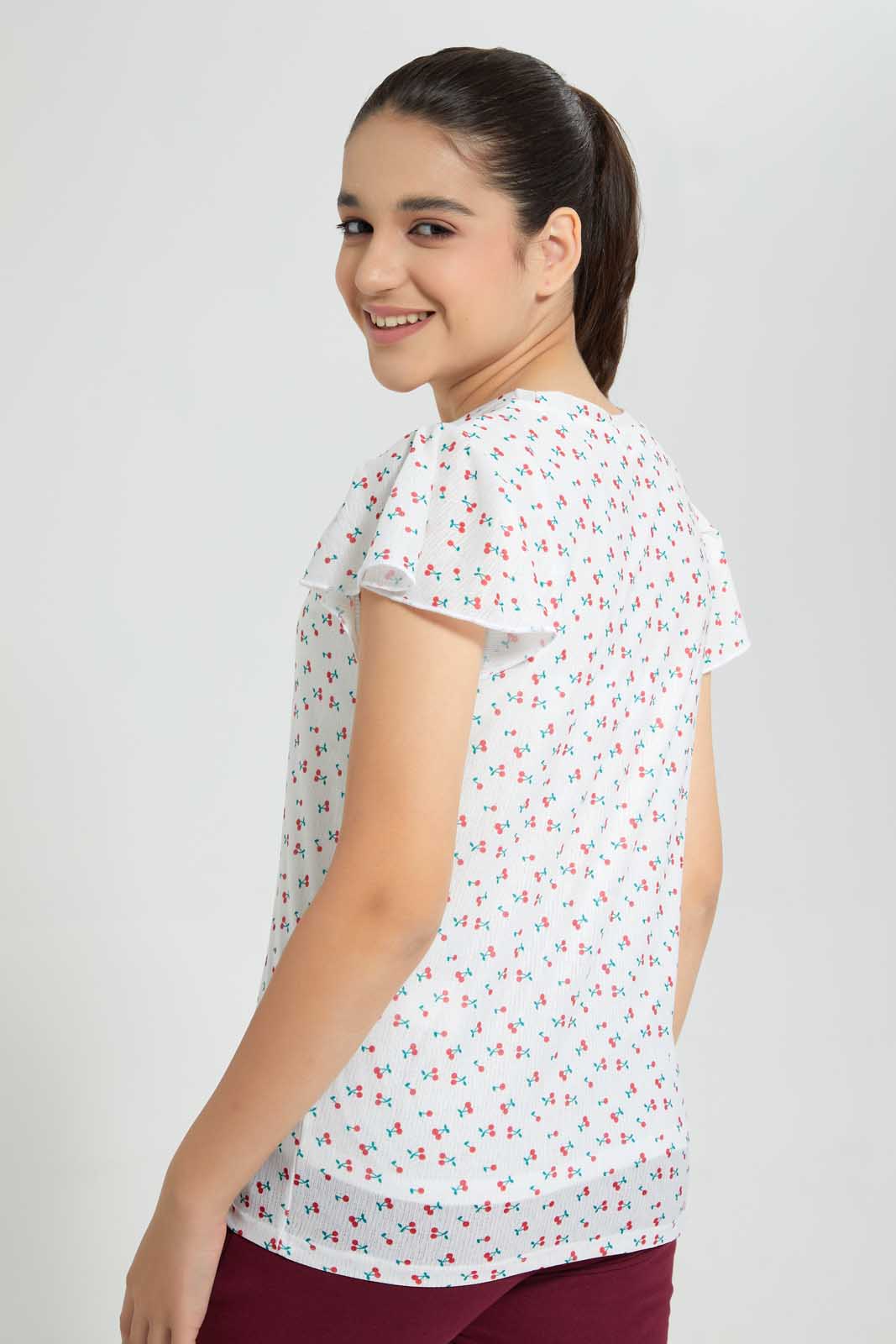 Redtag-White-Cherry-Print-Top-Graphic-T-Shirts-Senior-Girls-9 to 14 Years
