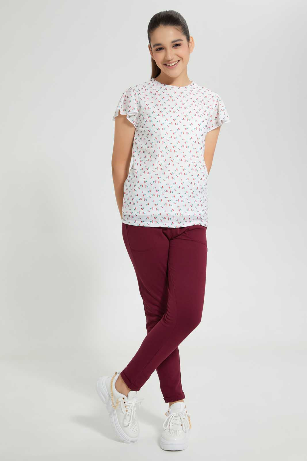 Redtag-White-Cherry-Print-Top-Graphic-T-Shirts-Senior-Girls-9 to 14 Years