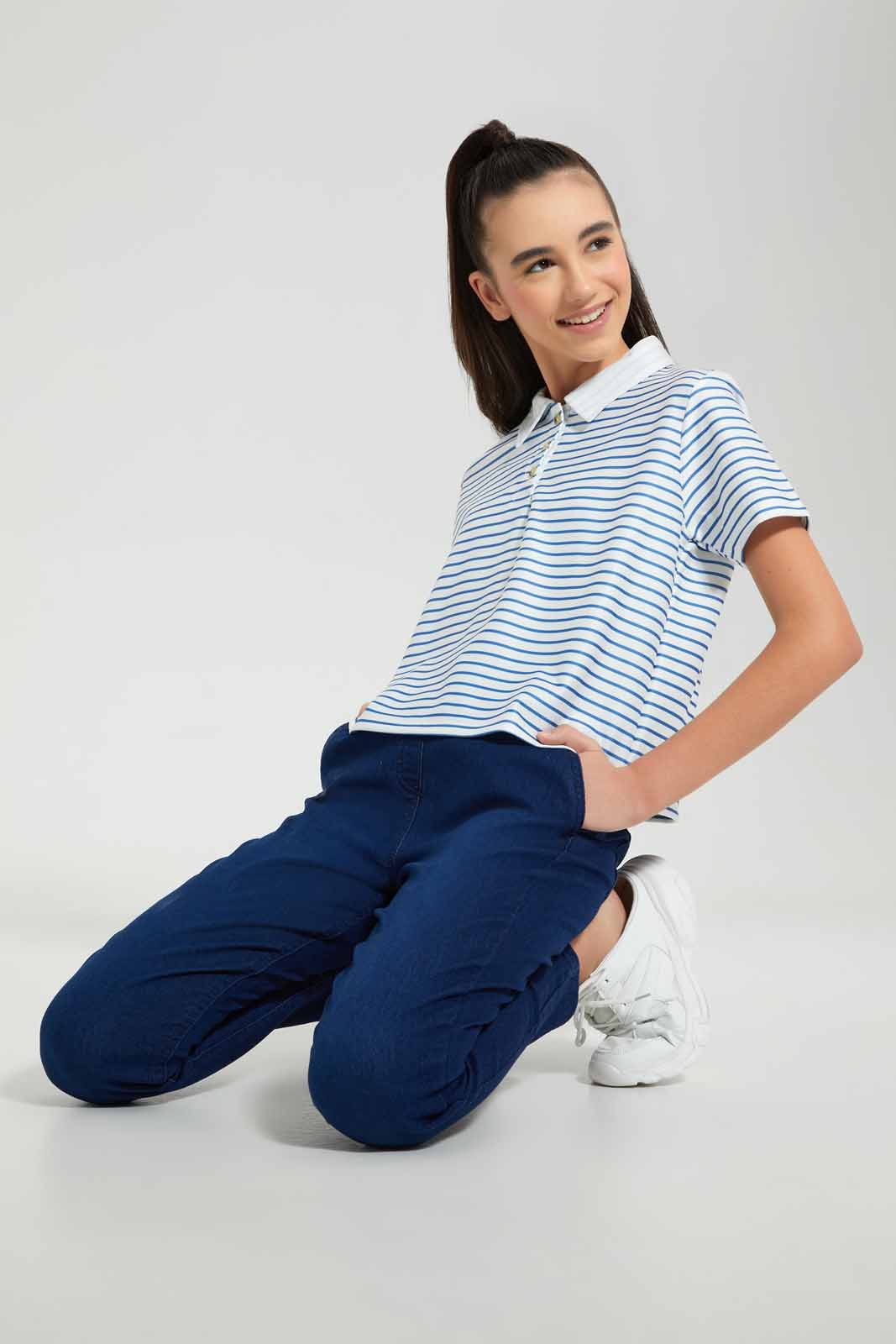 Redtag-White/Blue-Stripe-Polo-Top-Graphic-T-Shirts-Senior-Girls-9 to 14 Years
