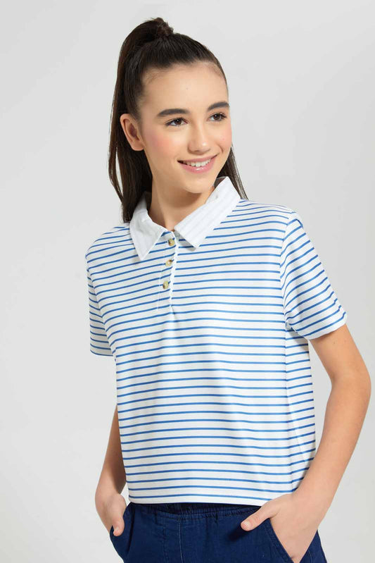 Redtag-White/Blue-Stripe-Polo-Top-Graphic-T-Shirts-Senior-Girls-9 to 14 Years