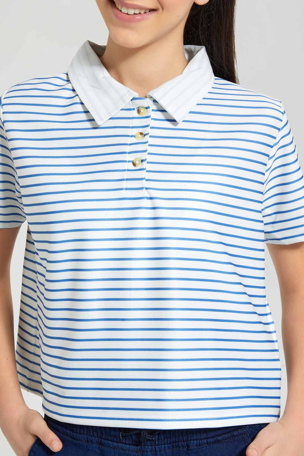 Redtag-White/Blue-Stripe-Polo-Top-Graphic-T-Shirts-Senior-Girls-9 to 14 Years