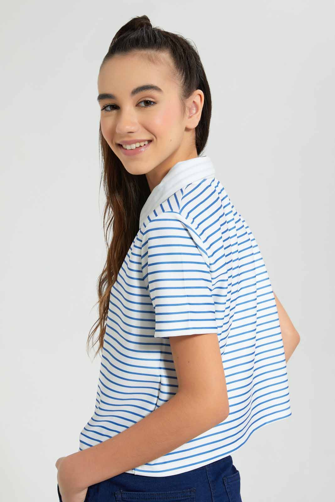 Redtag-White/Blue-Stripe-Polo-Top-Graphic-T-Shirts-Senior-Girls-9 to 14 Years