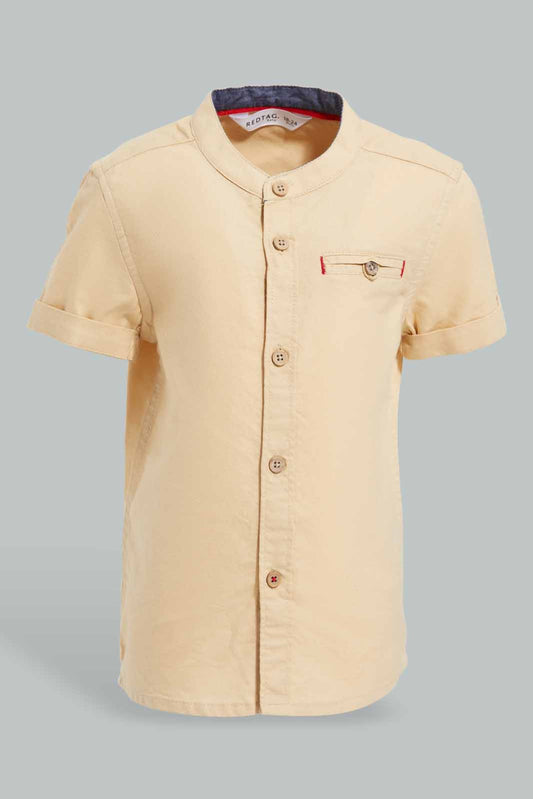 Redtag-Beige-Tshirt-With-Mandarin-Collar-Category:Shirts,-Colour:Beige,-Deals:New-In,-Filter:Infant-Boys-(3-to-24-Mths),-INB-Shirts,-New-In-INB-APL,-Non-Sale,-S22D,-Section:Kidswear-Infant-Boys-
