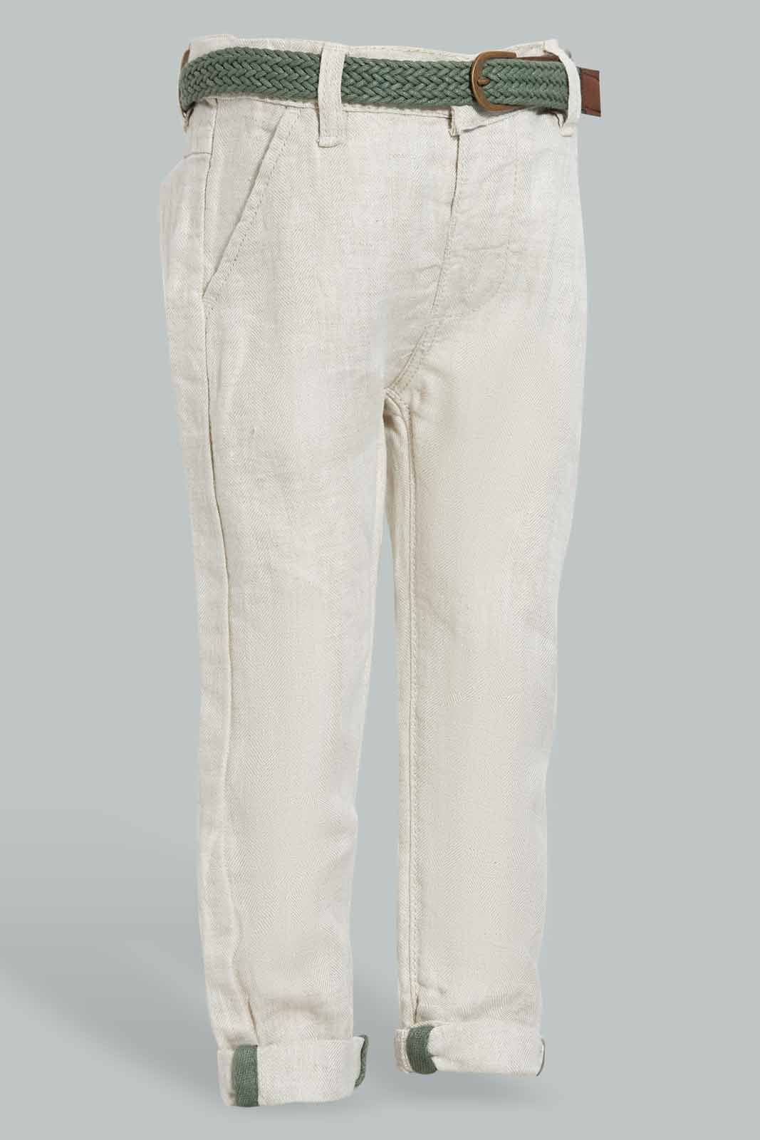 Redtag-Ecru-Lenin-Casual-Trousers-With-Belt-Chino-Trousers-Infant-Boys-3 to 24 Months