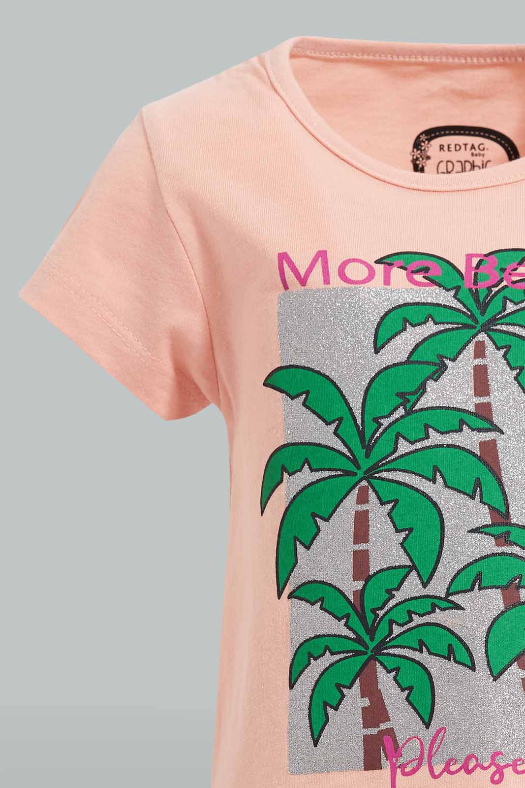 Redtag-Coral-Palm-Placement-Print-T-Shirt-Graphic-T-Shirts-Infant-Girls-3 to 24 Months